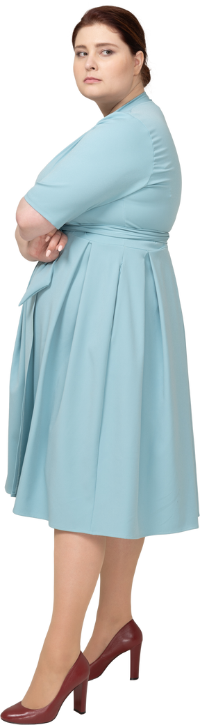 腕を組んでポーズをとって青いドレスを着た女性の側面図