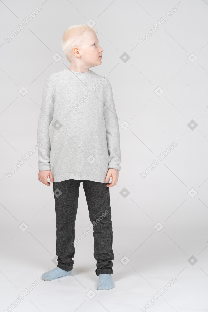 Vista frontal de un niño chico rubio mirando hacia los lados