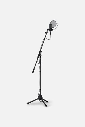 A side shot of a black telescoping microphone stand