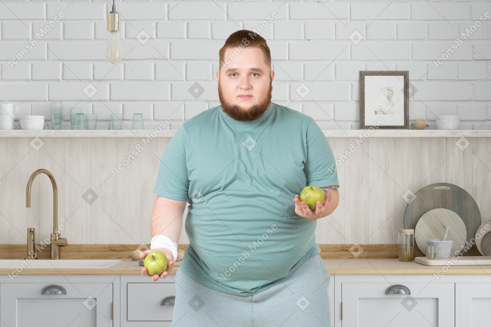 A fat man holding two apples in his hands