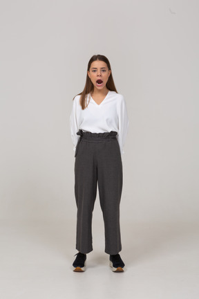 Vista frontal de una señorita en ropa de oficina de pie con la boca abierta