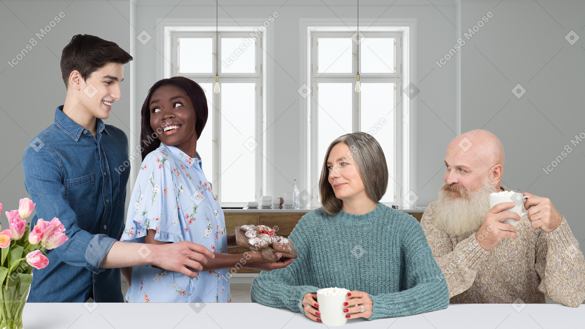 Young couple standing next to elderly couple sitting at table