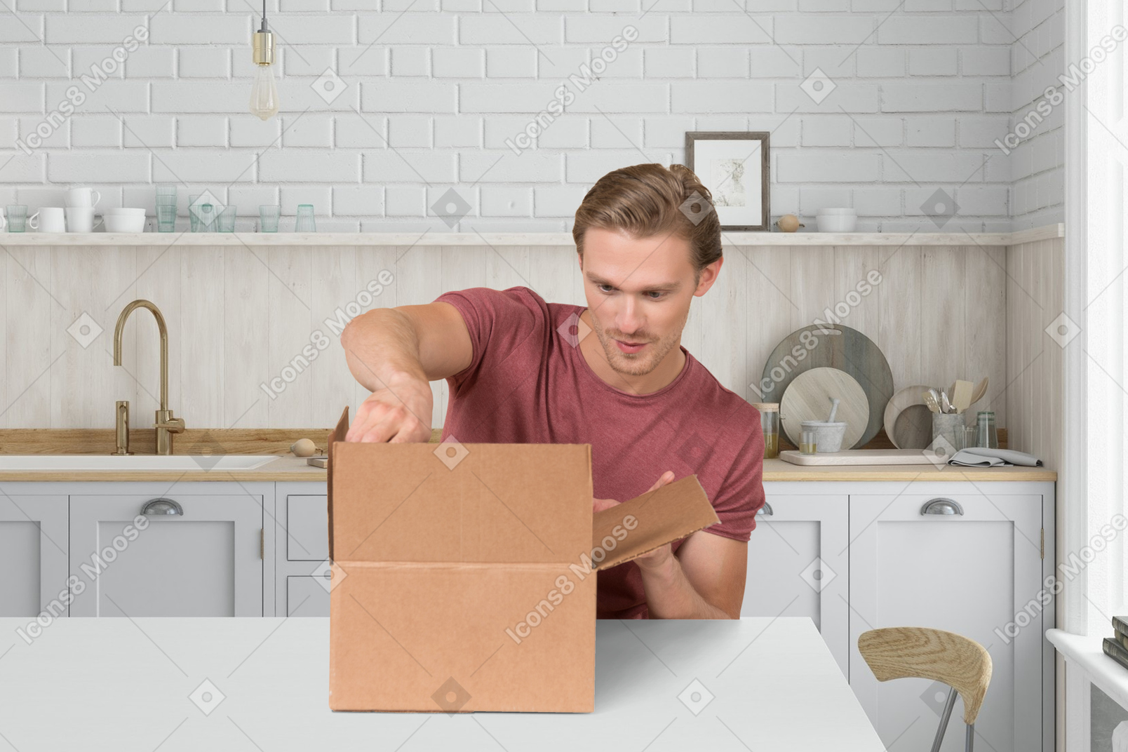 A man opening a brown box on a kitchen counter
