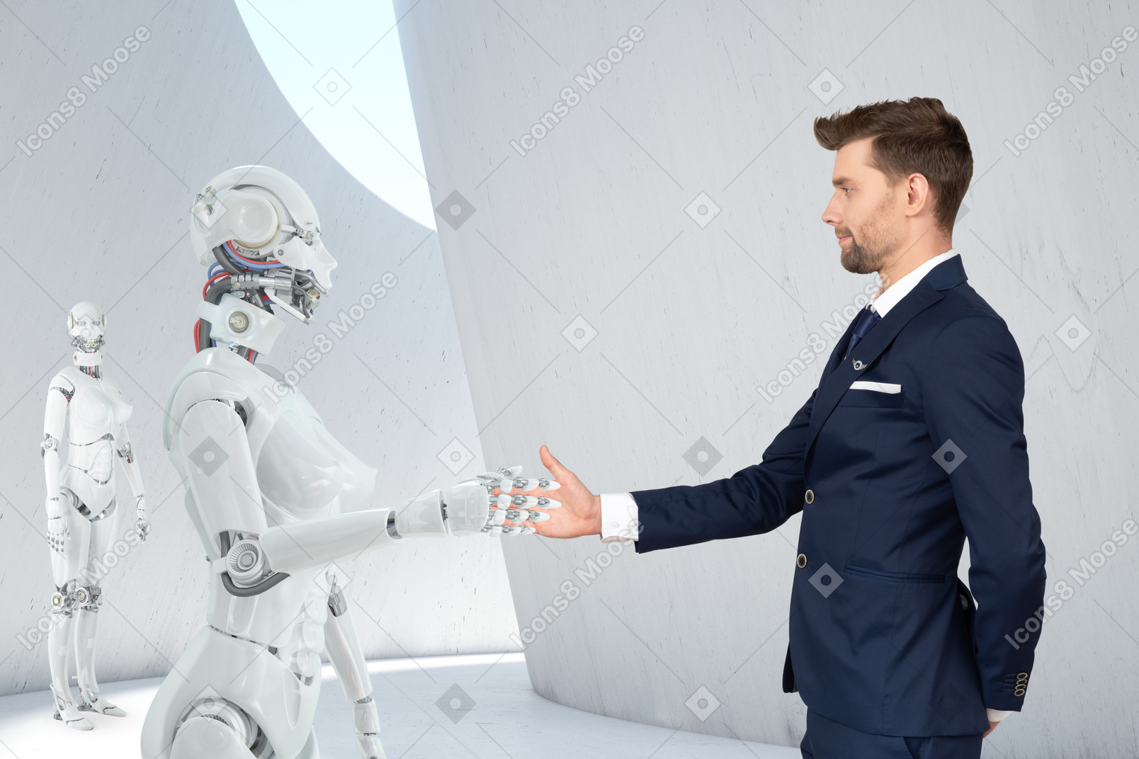 A stylish man holds the woman-robot`s hand while another woman-robot is waiting for her aside