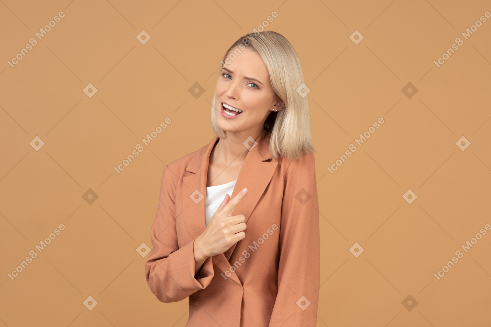Agitated young woman making pointing gesture