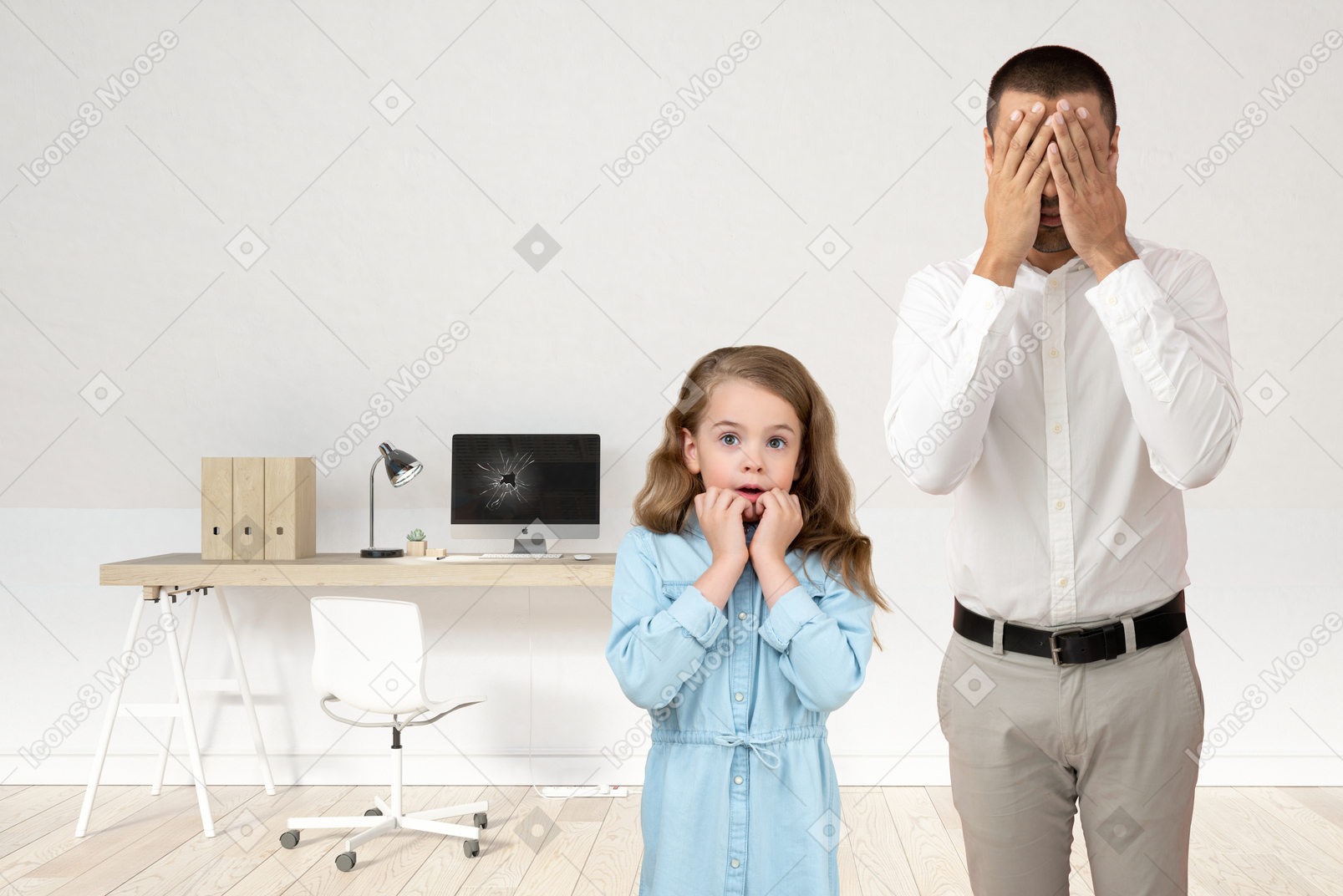 Cute kid girl and her father upset and terrified
