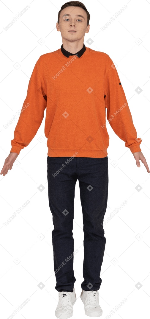 Young man in orange sweatshirt jumping