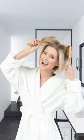 A woman brushing her hair in a bathroom
