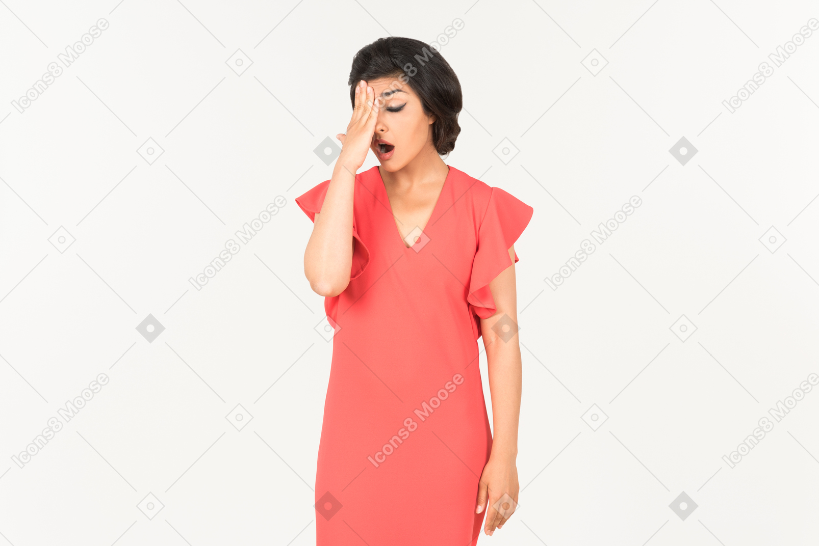 Looking worried young indian woman closing her face with a hand