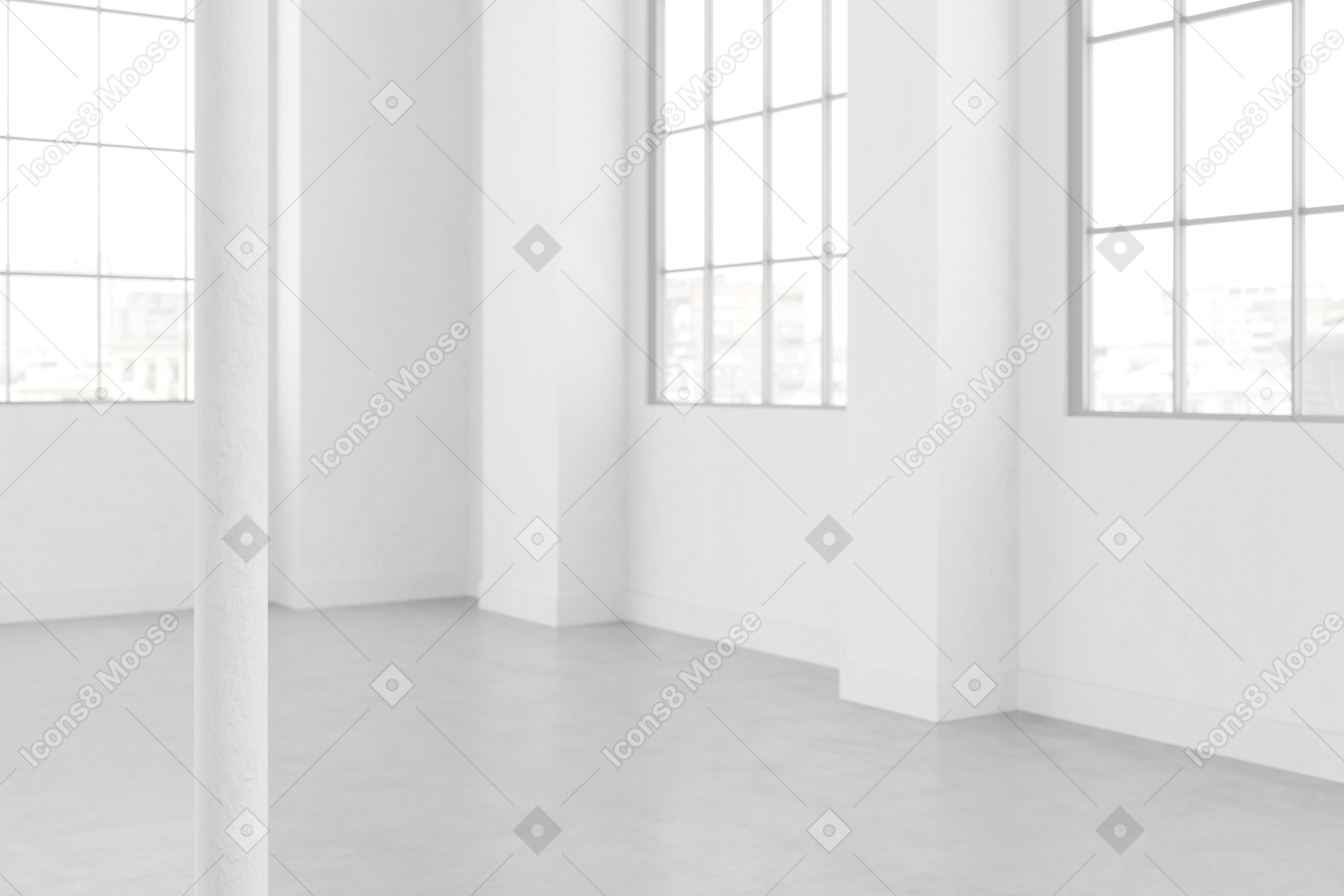 Zimmer mit großen glasfenstern und weißen wänden