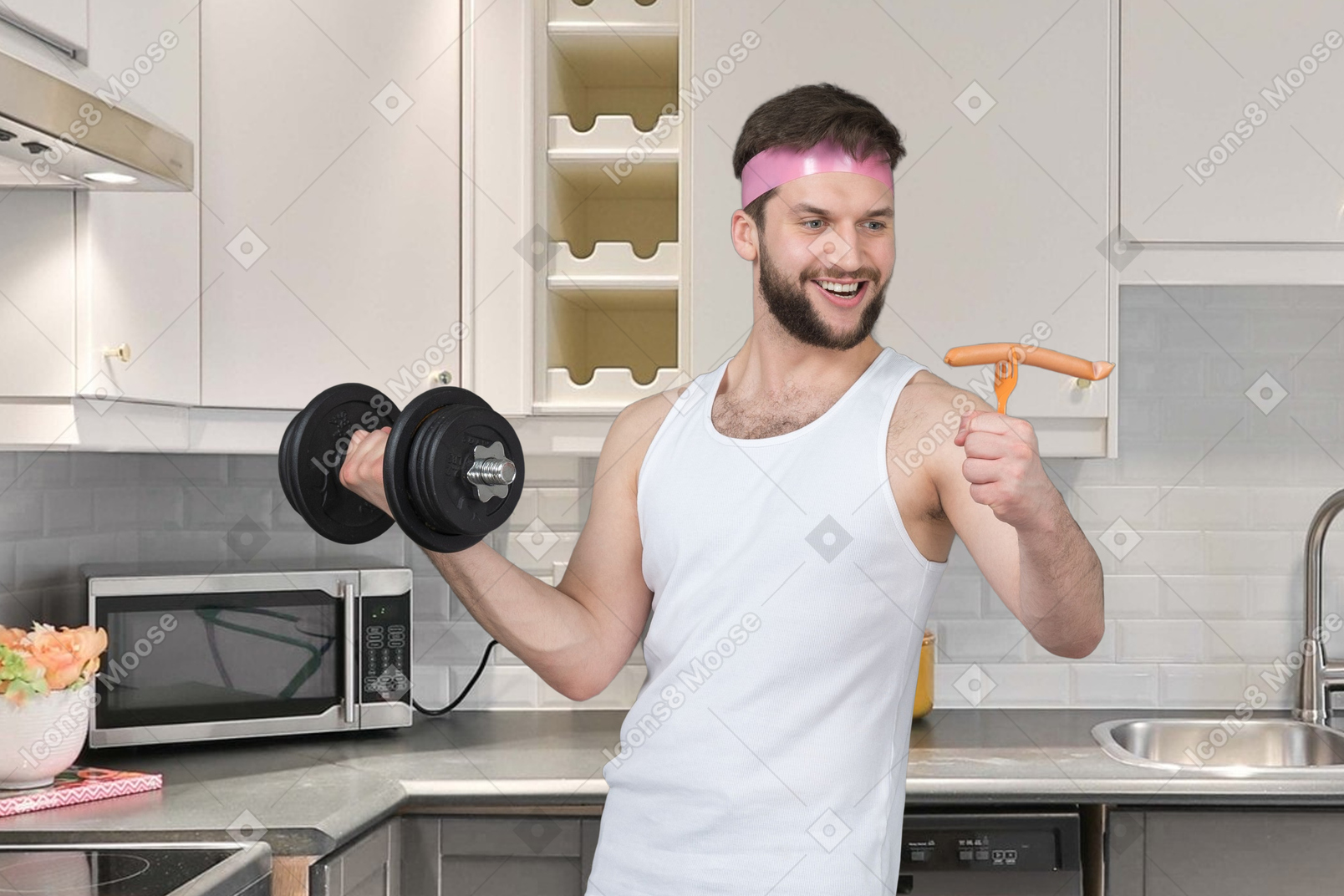 Man with dumbbells looking at sausage on fork