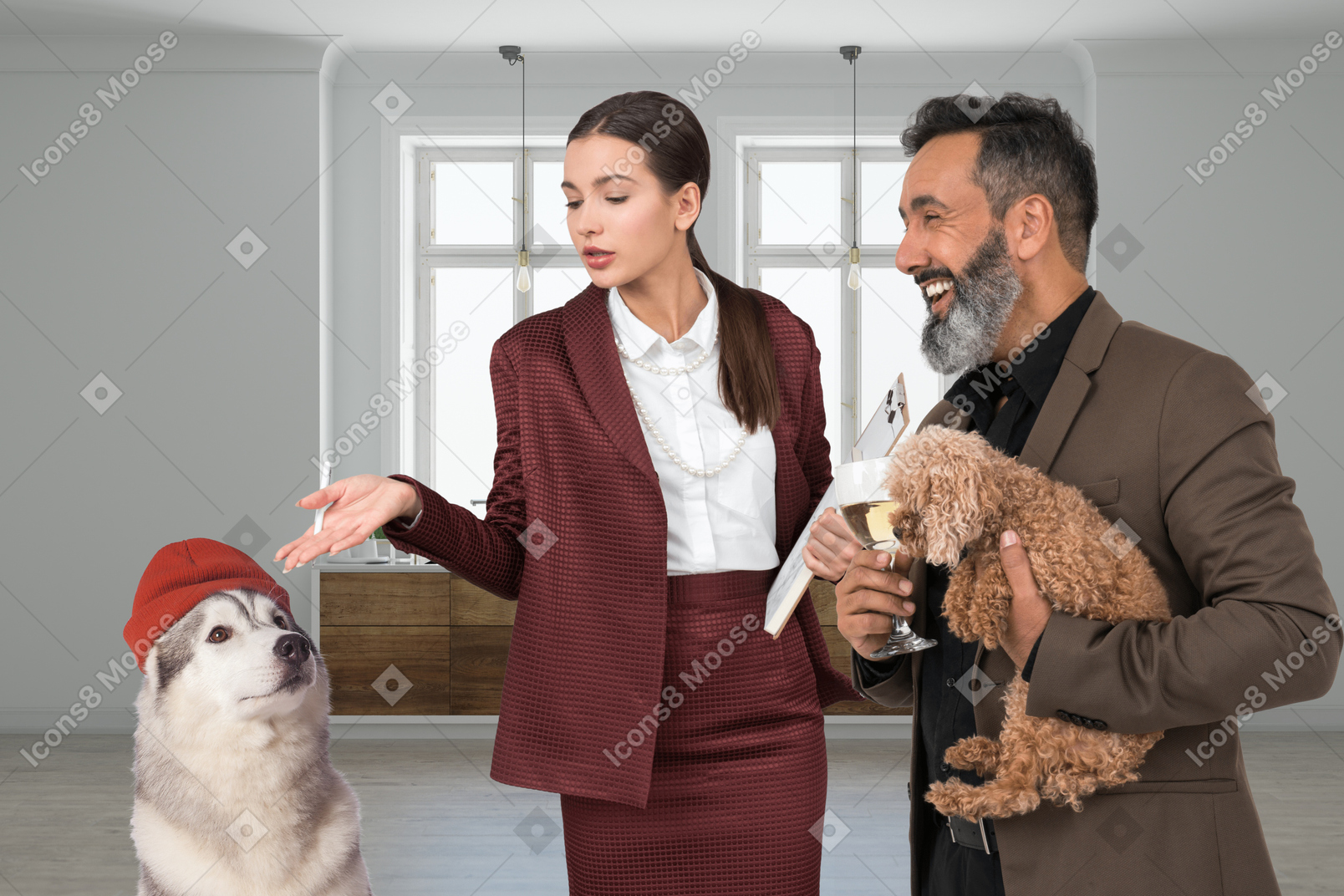 Woman and man with puppy standing next to dog in beanie