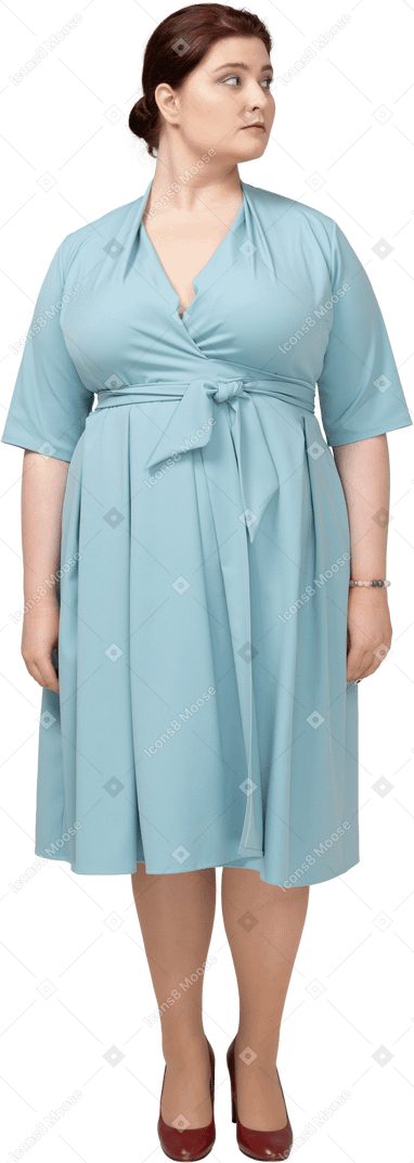 Front view of a woman in blue dress