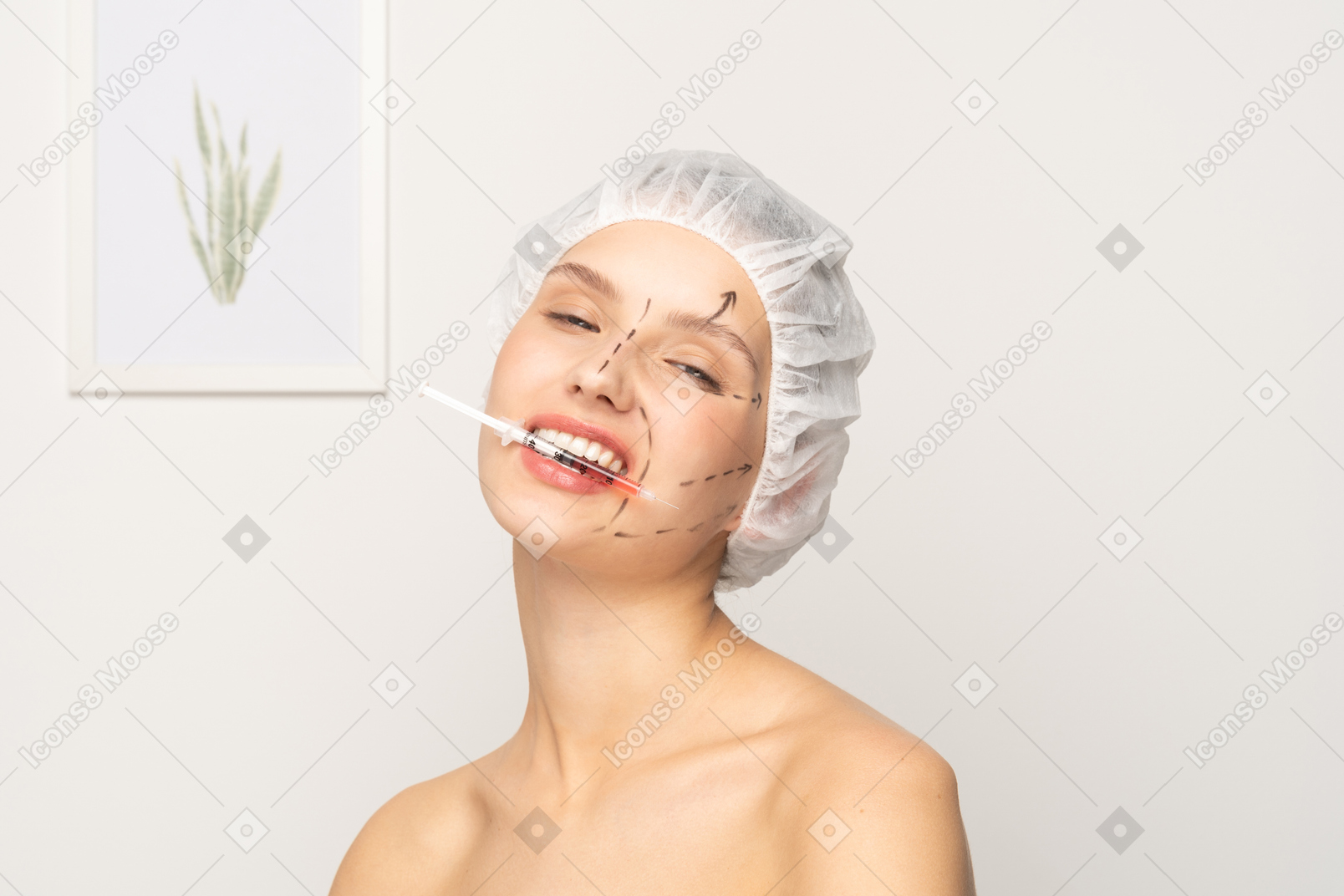 Young woman smiling with syringe in her teeth