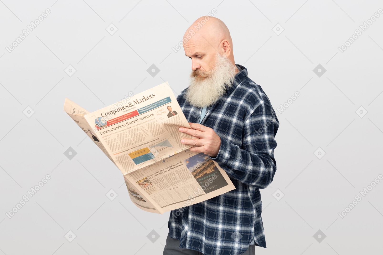 Bearded man reading a newspaper
