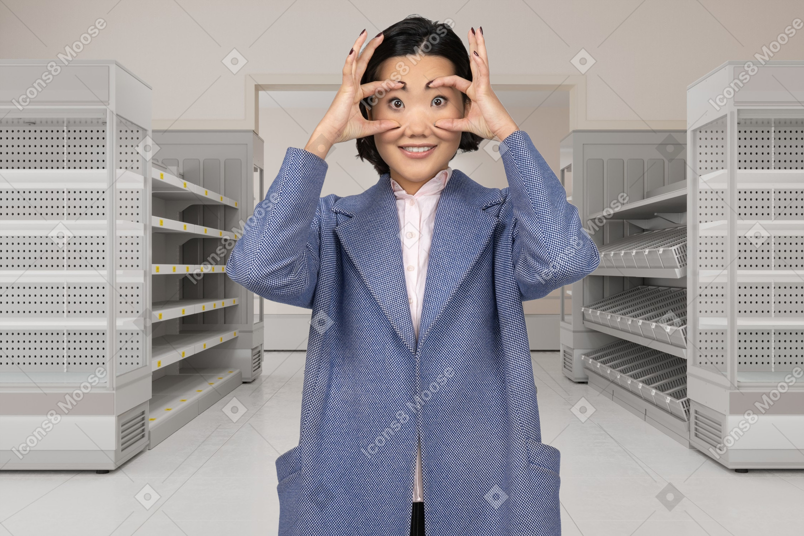 A woman holding eyes wide open with fingers in an empty supermarket