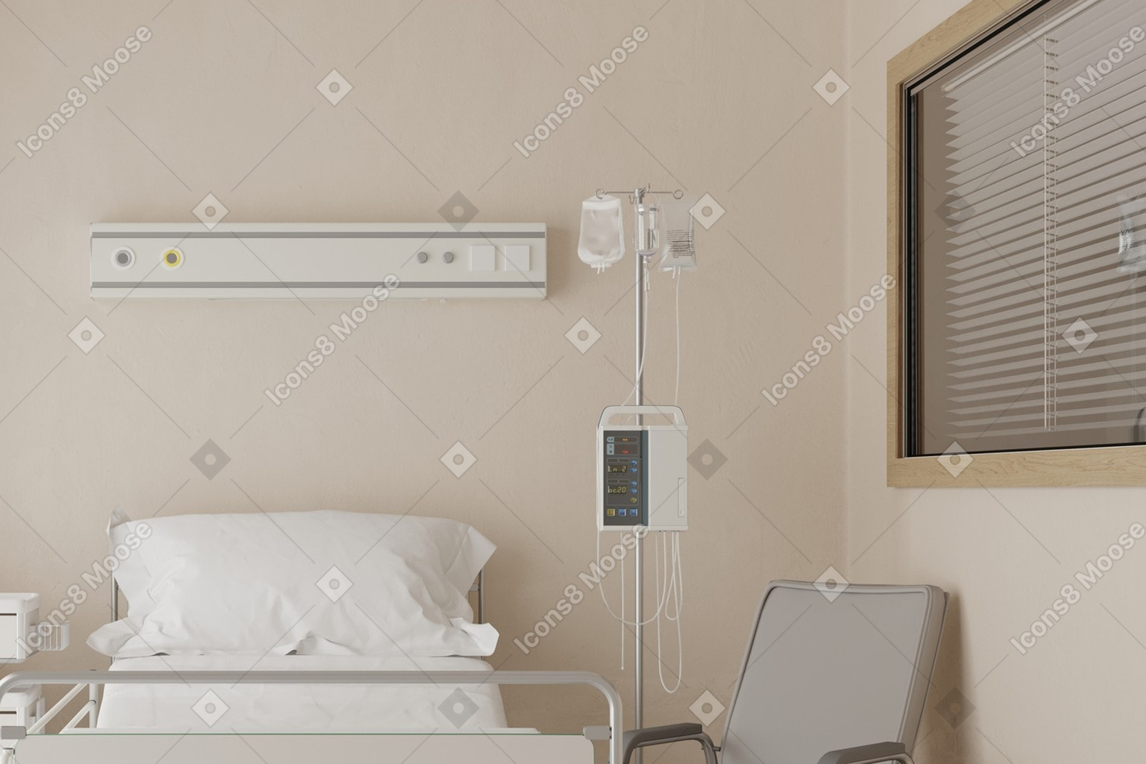 A hospital room with a bed, chair, and air conditioner