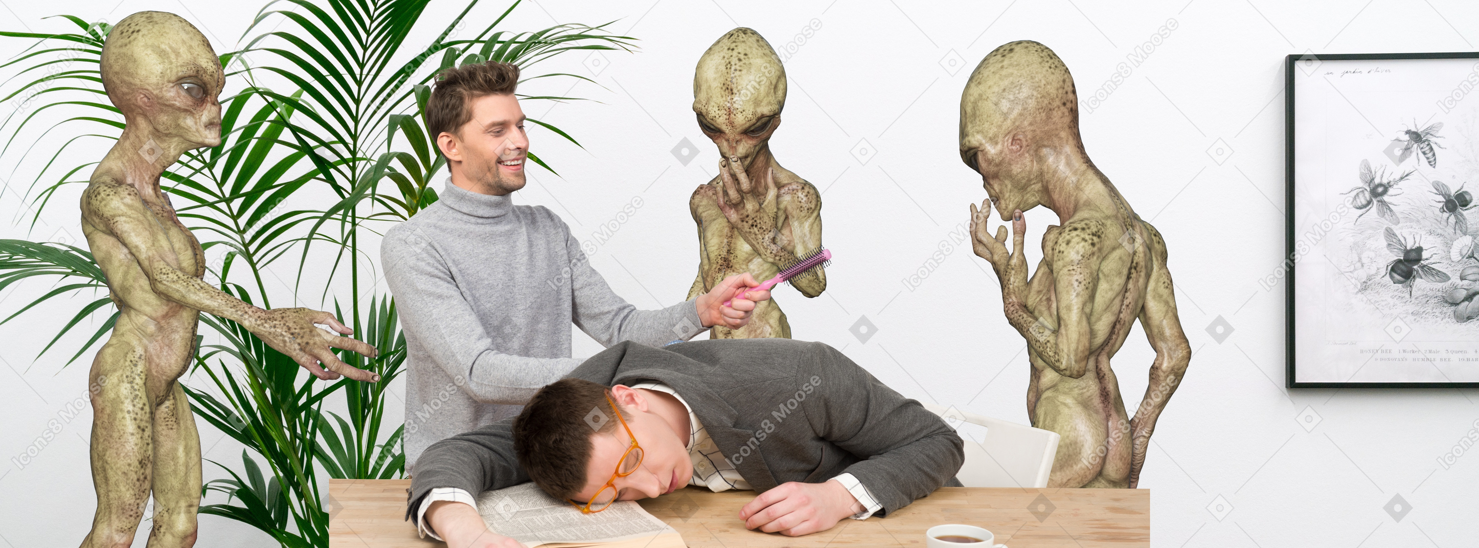 Man sleeping at desk with another man and group of aliens standing behind him