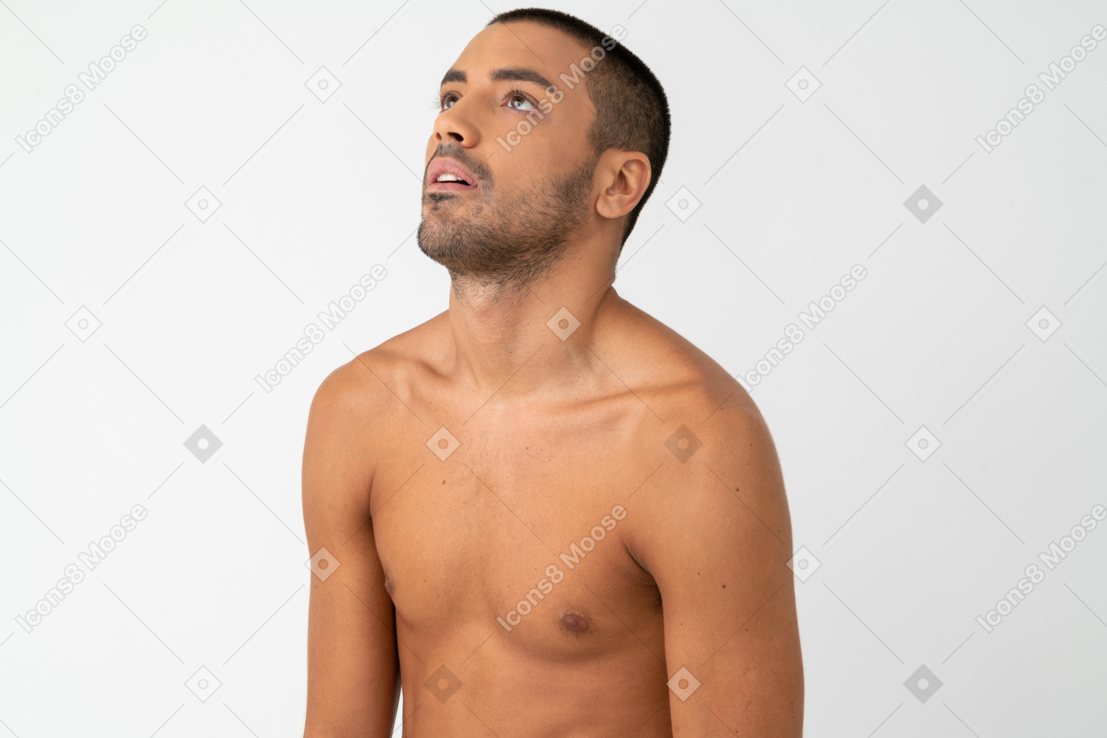 Barechested young male with 'sick of' facial expression