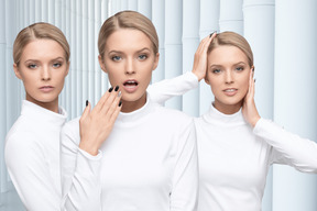 Multiple portraits of the same woman in white turtleneck