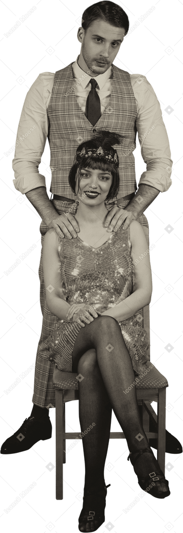 Full length black and white portrait of a retro-styled family