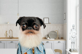 Black pug with fake beard wearing a shirt in the kitchen