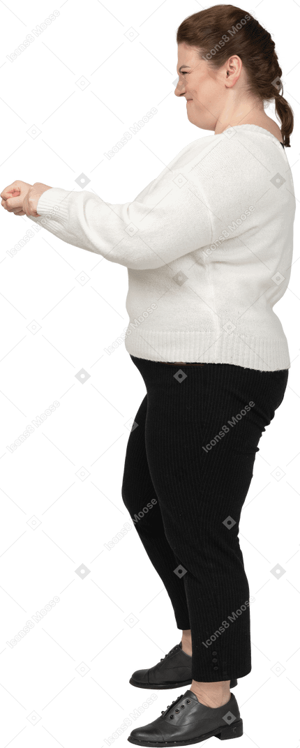 Angry plus size woman in white sweater