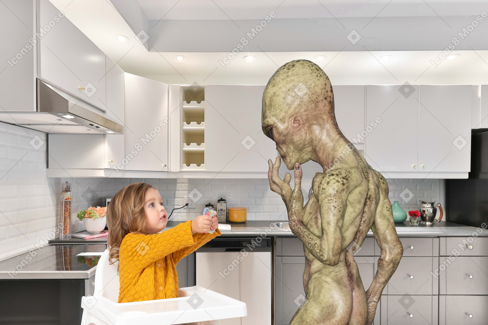 Baby asking an alien to feed her