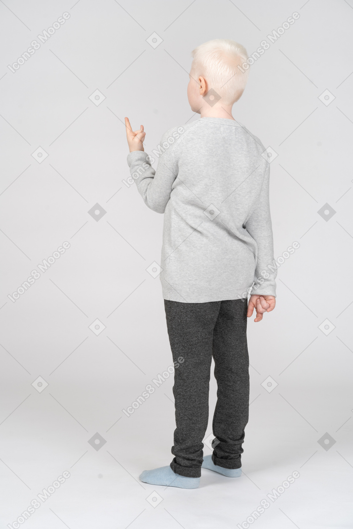 Back view of a boy showing a rock gesture