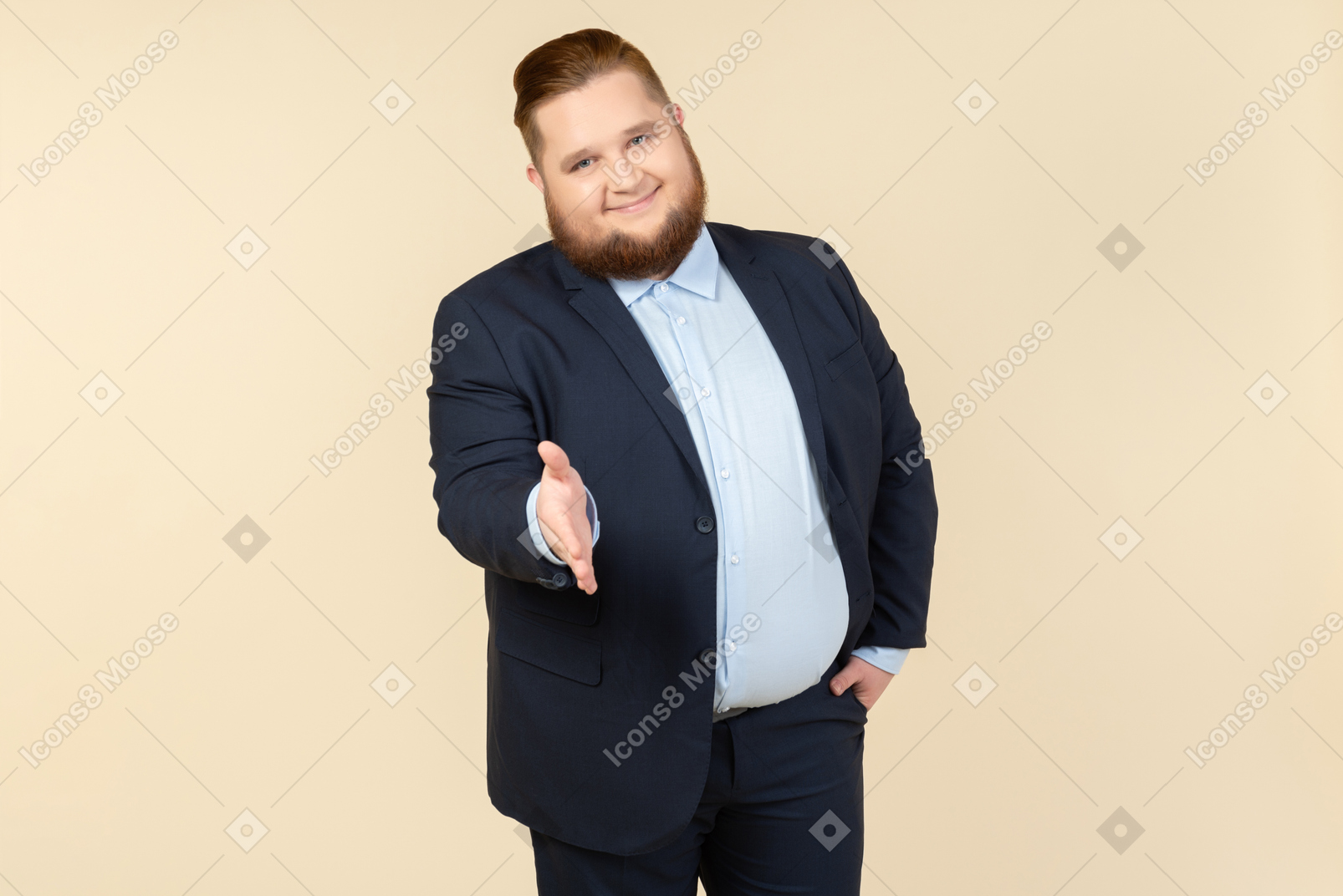 Young overweight man in suit giving a hand