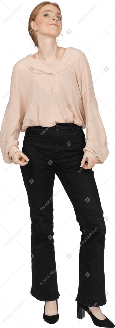 Woman in beautiful blouse standing