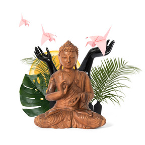 A composition of buddha statue, hands, tropical leaves, orange and origami birds