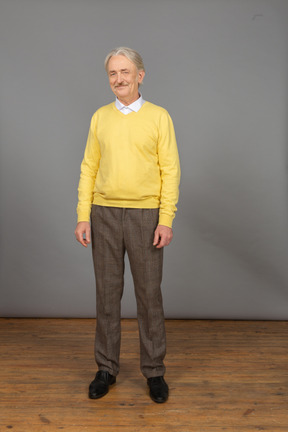 Vue de face d'un vieil homme gai en pull jaune souriant et regardant la caméra