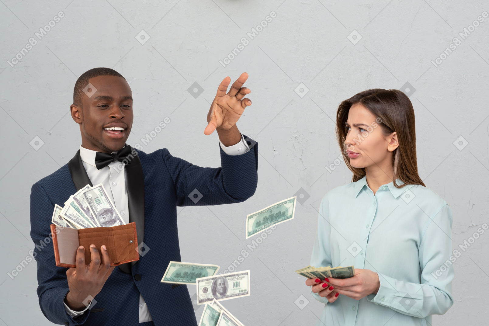 Black man is wasting the money while the woman is counting and saving it