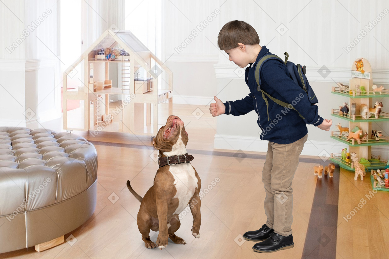 A young boy giving thumbs up to a dog