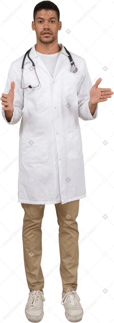 Front view of a young doctor explaining something