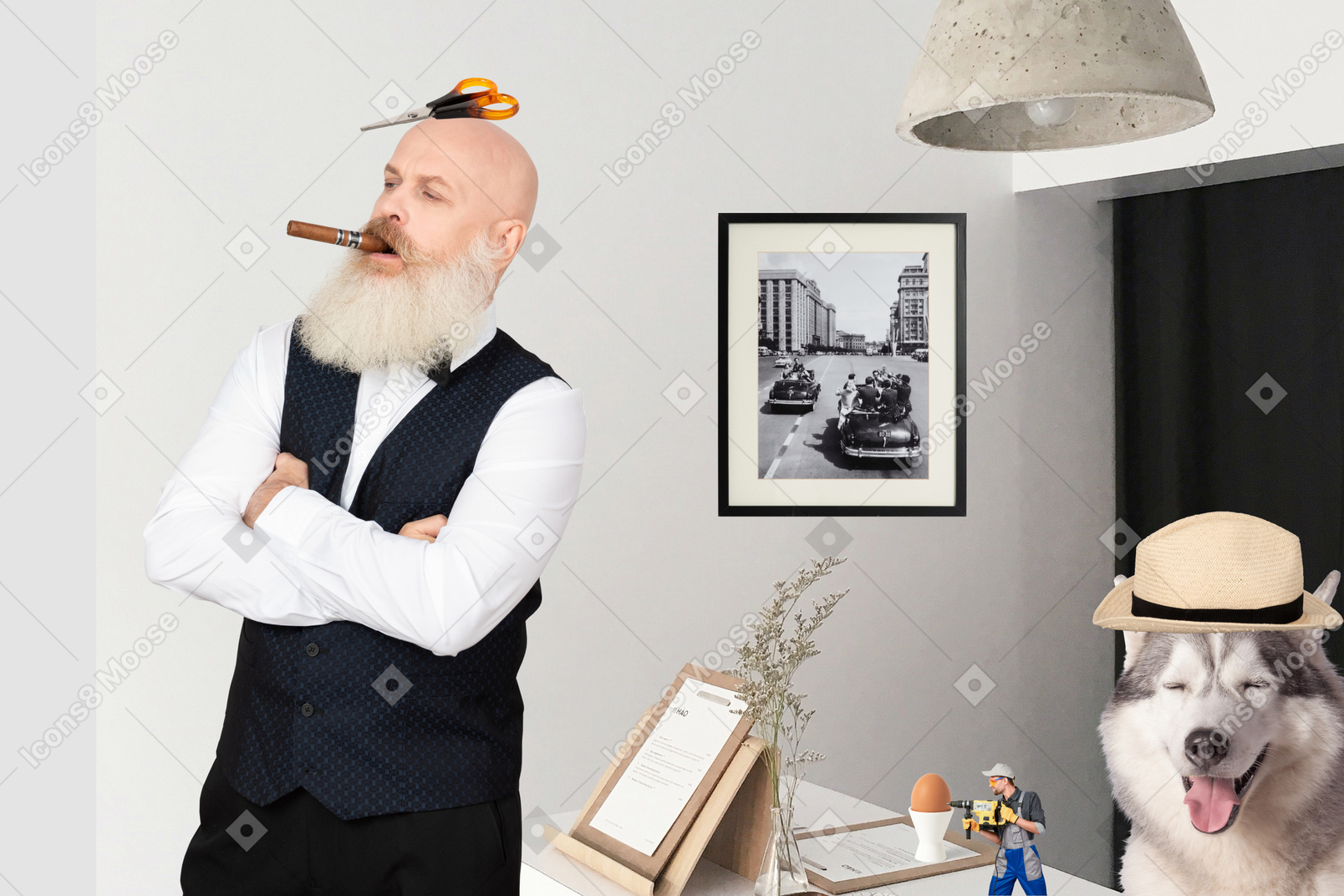 A man smoking a cigarette next to a dog