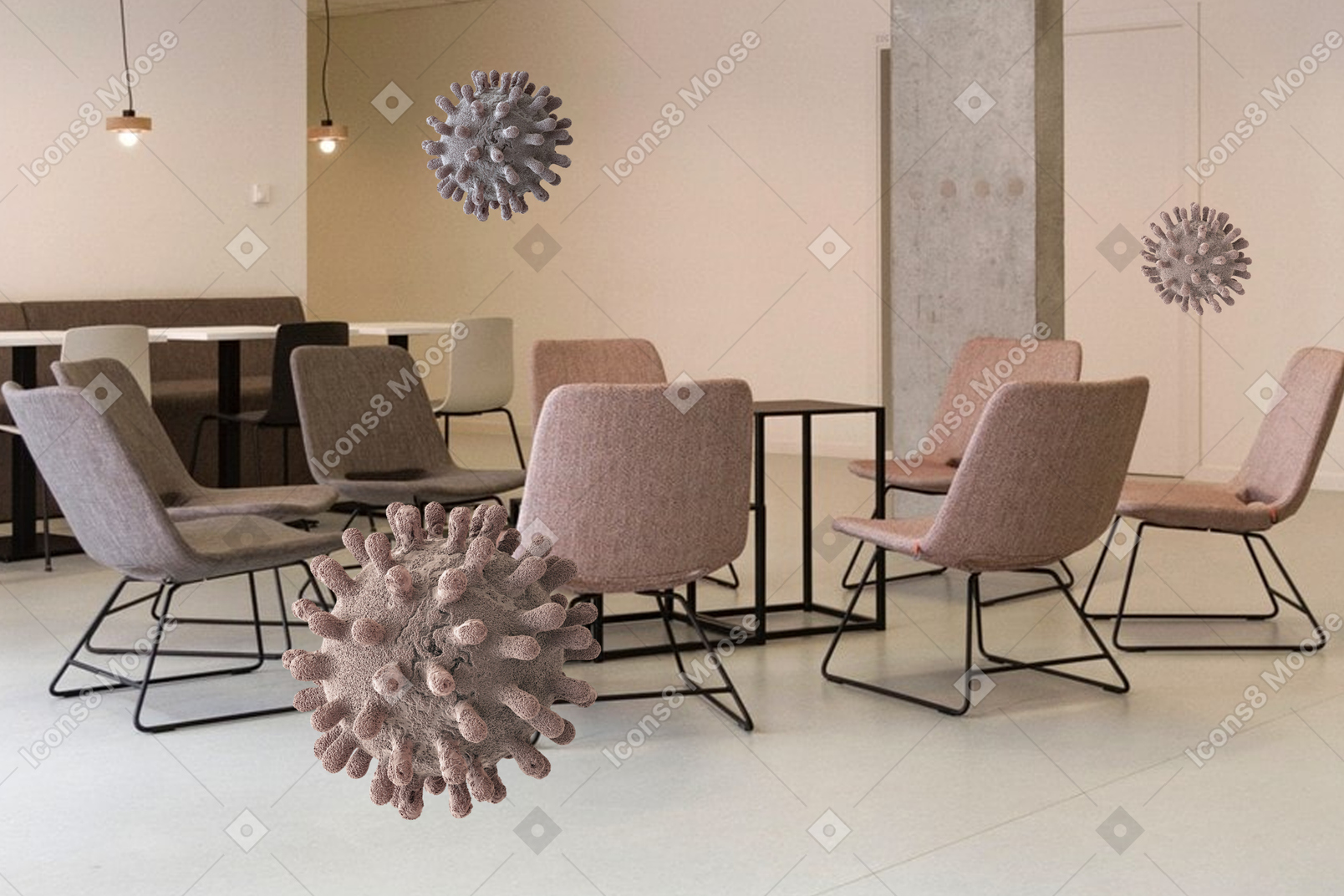 A conference room with coronavirus in the air