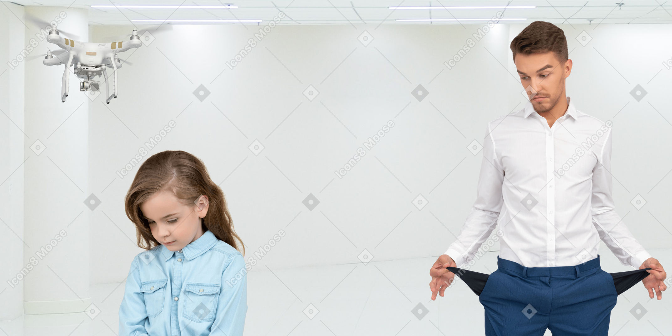 A broke man standing next to an upset little girl