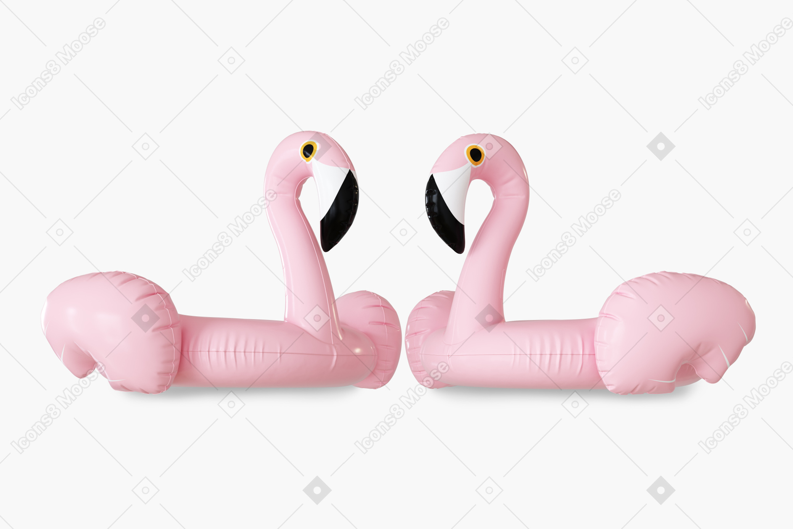 Two flamingo rubber rings on white background