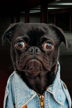 Cachorro preto com jaqueta jeans