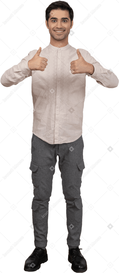 Man in shirt showing thumbs up