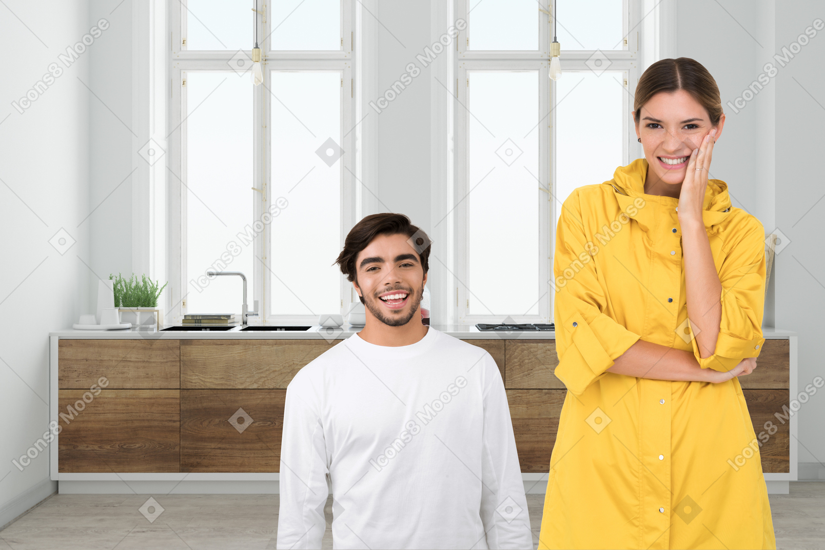 A short man standing next to a woman in a kitchen
