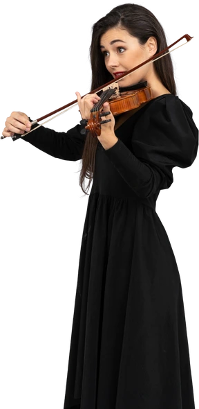 Close-up of a young lady in black dress playing the violin