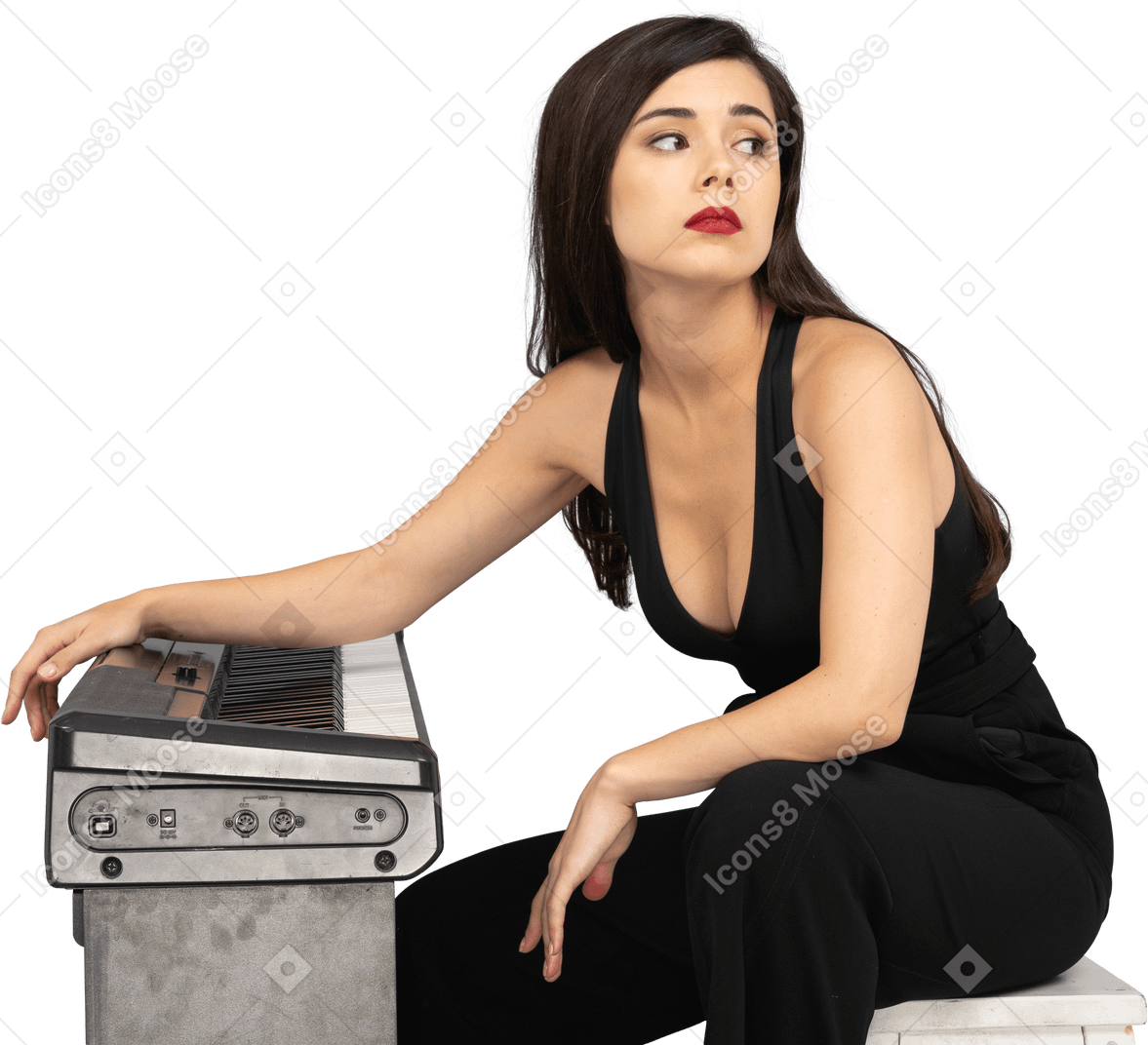 Side view of a tired young female sitting by the piano