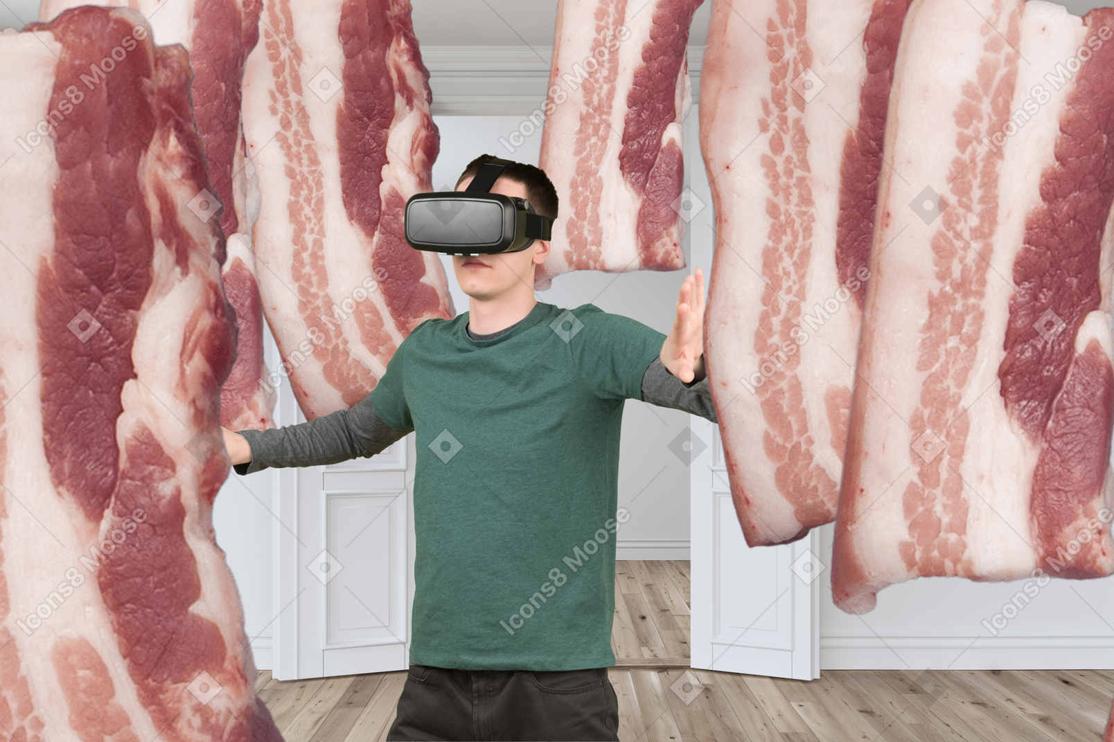 Мужчина видит бекон в очках виртуальной реальности