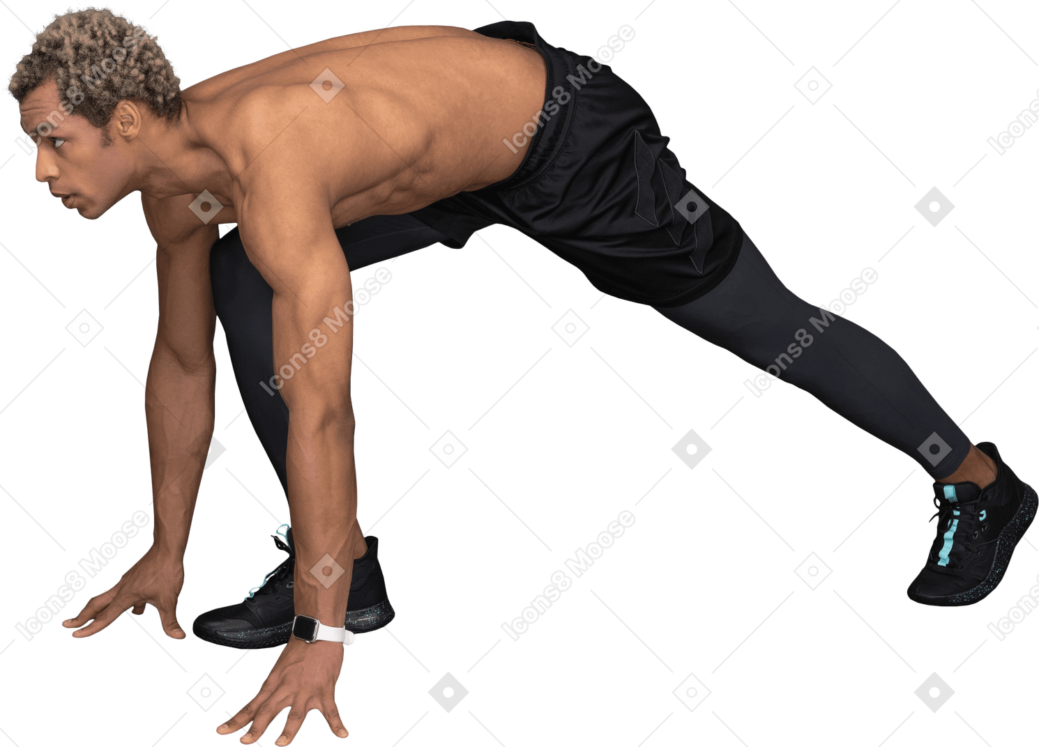 Vista lateral de un velocista de piel oscura sin camisa listo para correr