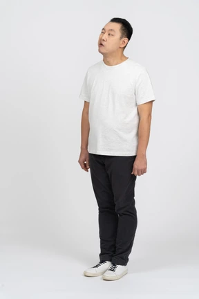 Three-quarter view of a man in casual clothes making funny face