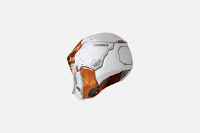 A three-quarter back view of a space helmet