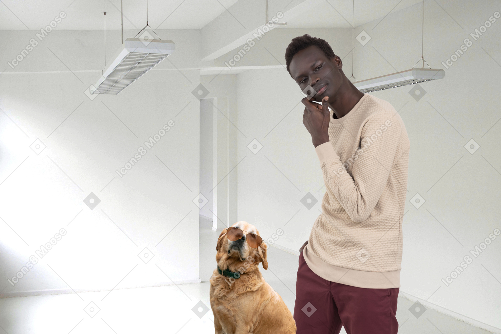 Pensive man standing next to a labrador in sunglasses